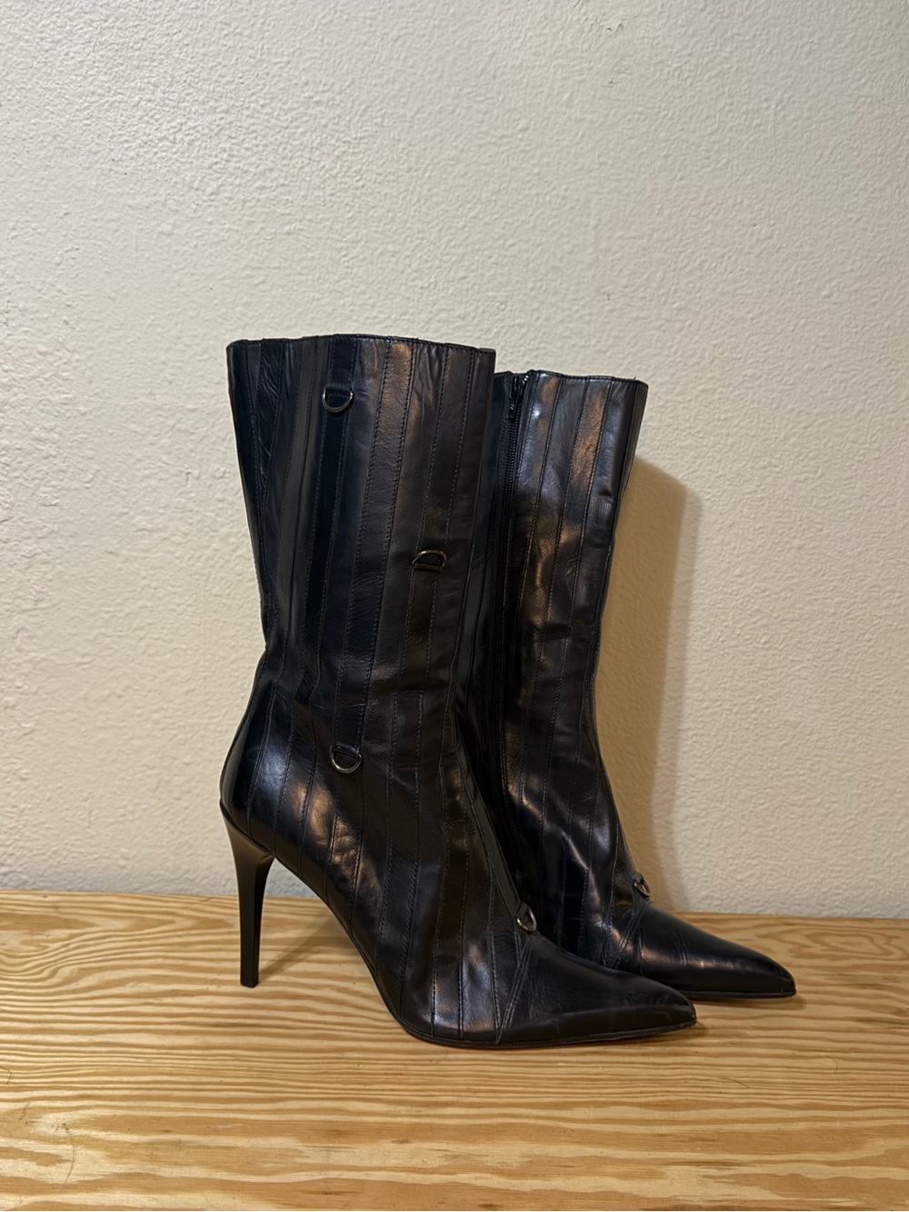 Via Spiga Black Pointed-Toe Mid-Calf Stiletto Boots